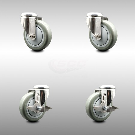 Service Caster 4 Inch 316SS Gray Polyurethane Wheel Swivel Bolt Hole Caster Brakes SCC, 2PK SCC-SS316BH20S414-PPUB-2-TLB-2